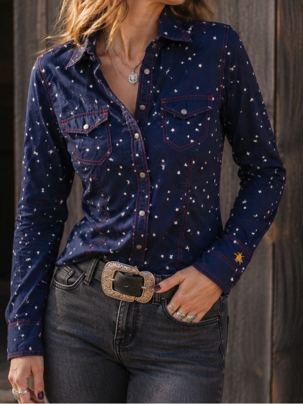 Star Print Western Snap Shirt Ranchcore Cowboy Country Concert Navy L